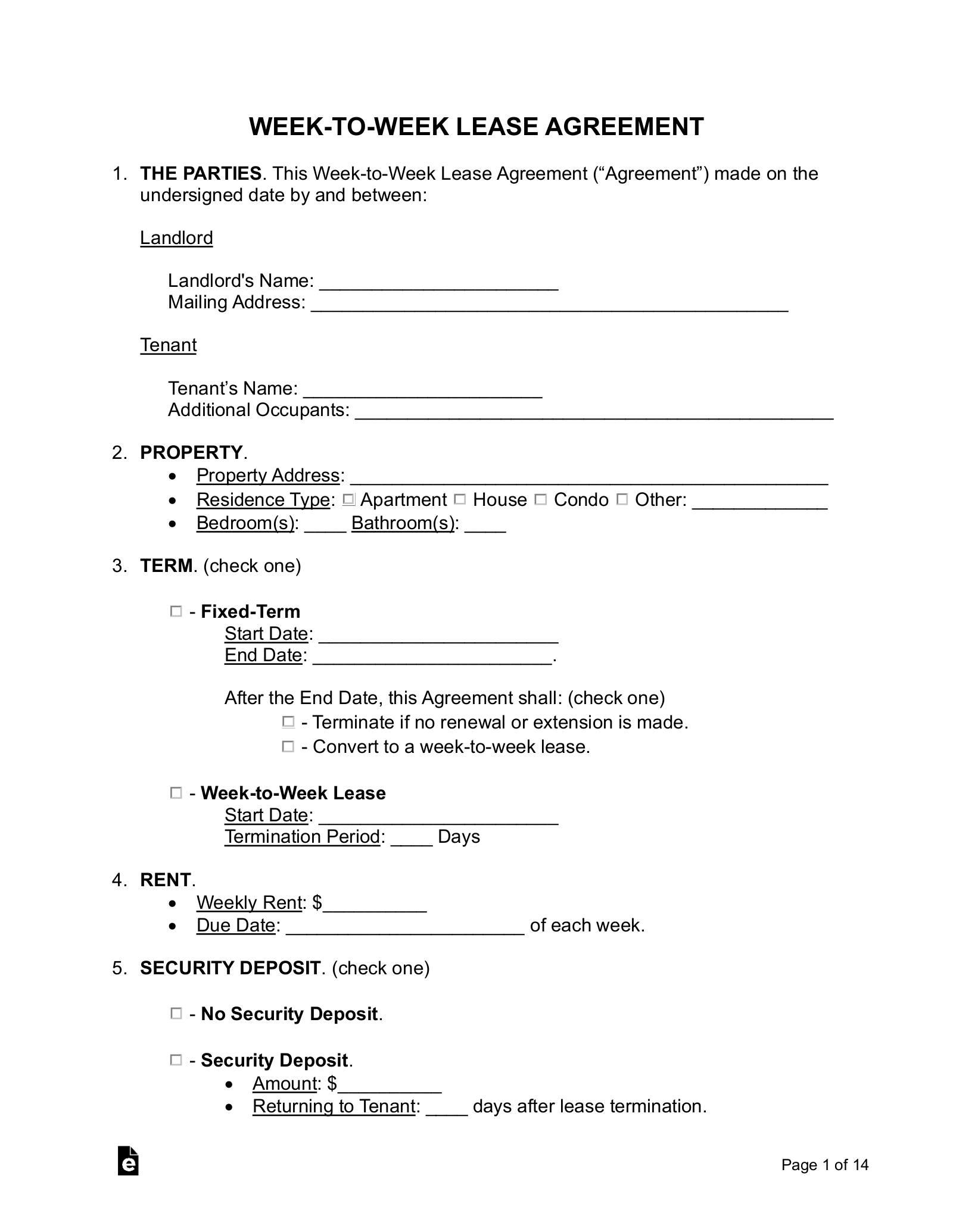 Free Week-To-Week (Weekly) Lease Agreement Template - Pdf | Word in Free Printable Basic Rental Agreement