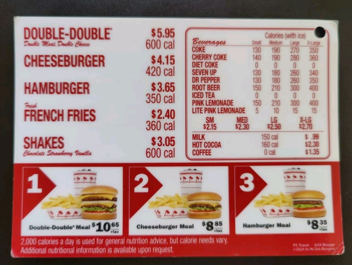 In-N-Out Burgers Menu, Rare. Smaller Size. Laminated, + 2 Paper within In and Out Printable Menu