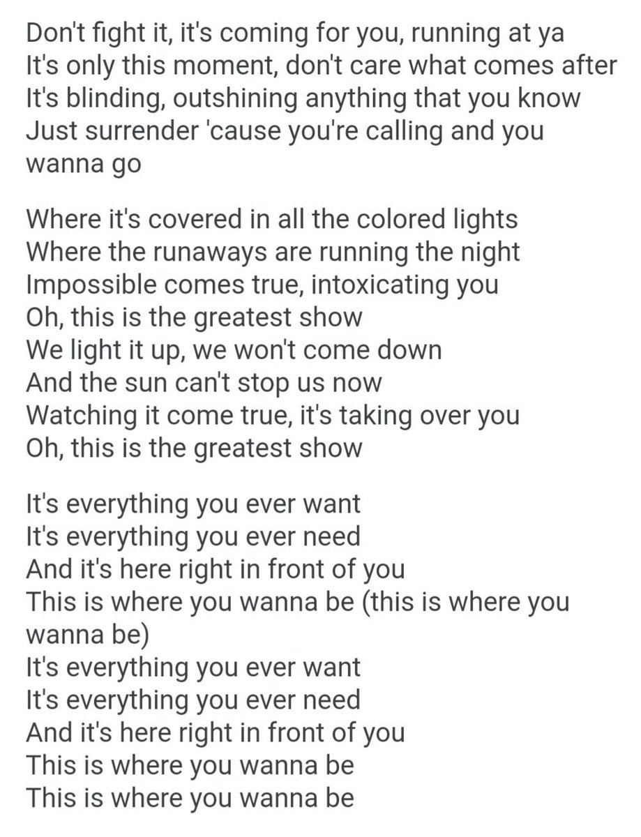 In Place Of A Janiai Report Here'S The Lyrics To The Greatest Show pertaining to The Greatest Show Lyrics Printable