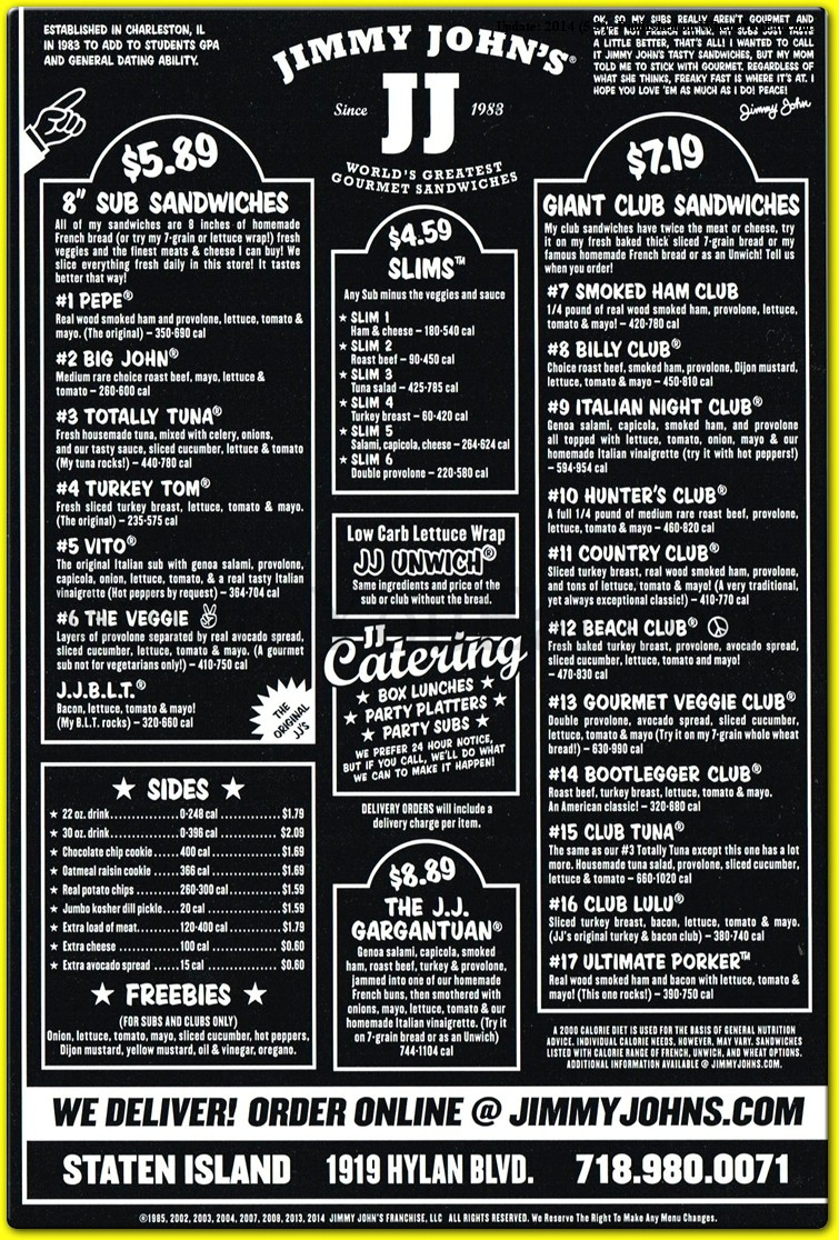 Jimmy John'S Restaurant In Staten Island / Menus & Photos with regard to Jimmy John's Printable Menu