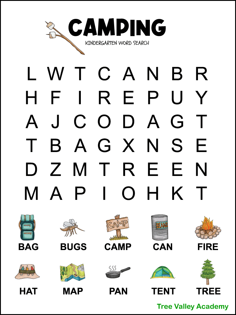 Kindergarten Camping Word Search - Tree Valley Academy in Printable Word Searches For Kindergarteners Free