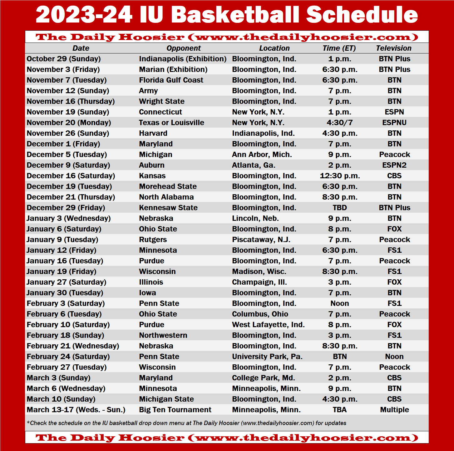 Look: Printable Edition Of The 2023-24 Iu Basketball Schedule with Indiana University Basketball Schedule Printable