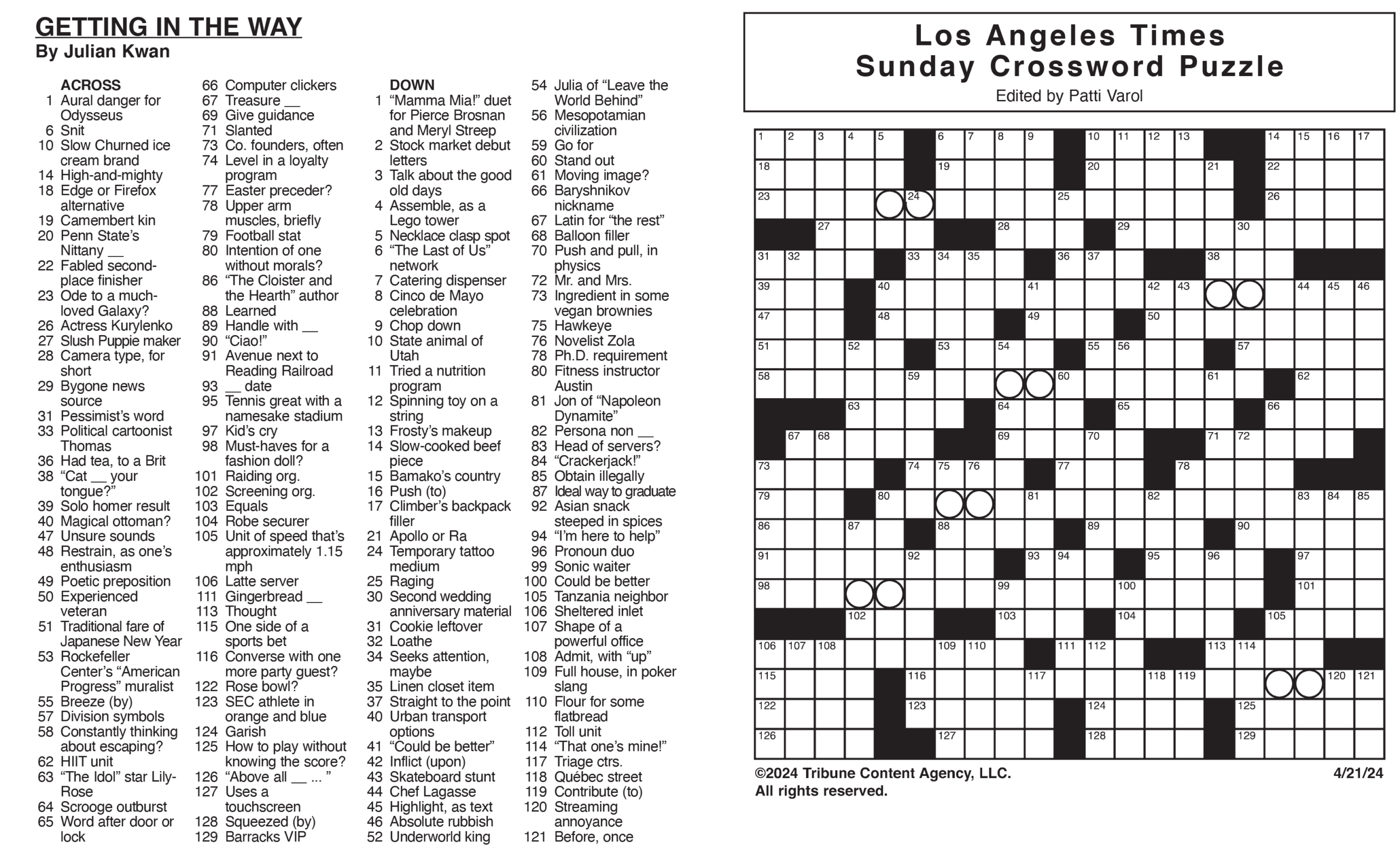 Los Angeles Times Sunday Crossword Puzzle | Tribune Content intended for La Times Printable Crossword Puzzles