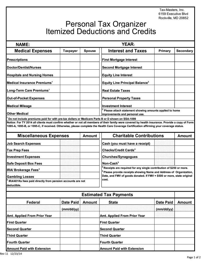 Md Tax-Masters Personal Tax Organizer Itemized Form - Fill Online within Free Printable Tax Deduction Worksheet