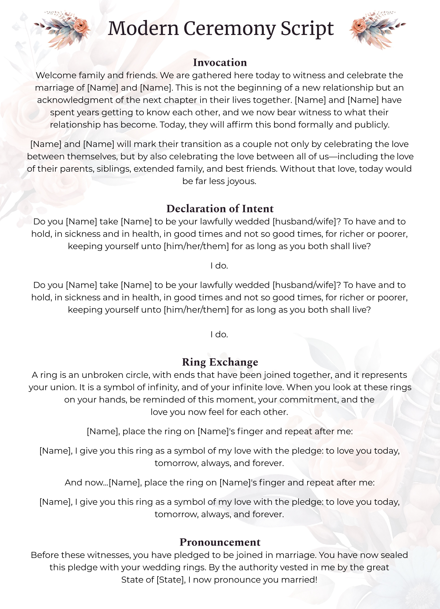 Modern Wedding Ceremony Script Free Google Docs Template - Gdoc.io regarding Simple Wedding Ceremony Script Printable