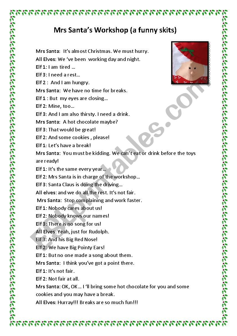 Mrs Santaã‚´s Workshop- A Short Christmas Skits - Esl Worksheet with Short Funny Christmas Skits Free Printable