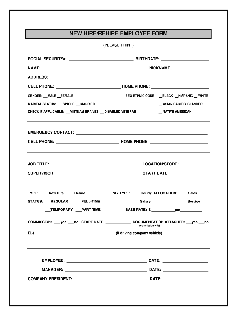 New Hirerehire Employee Form - Fill Online, Printable, Fillable throughout New Hire Paperwork Printable