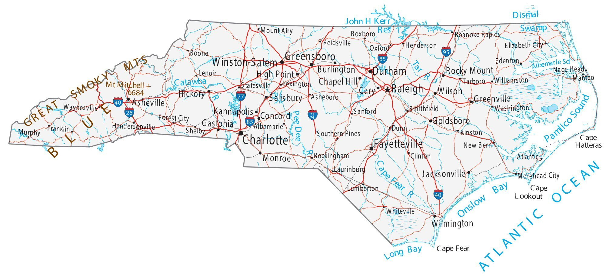 North Carolina Map - Cities And Roads - Gis Geography within Printable Map of North Carolina