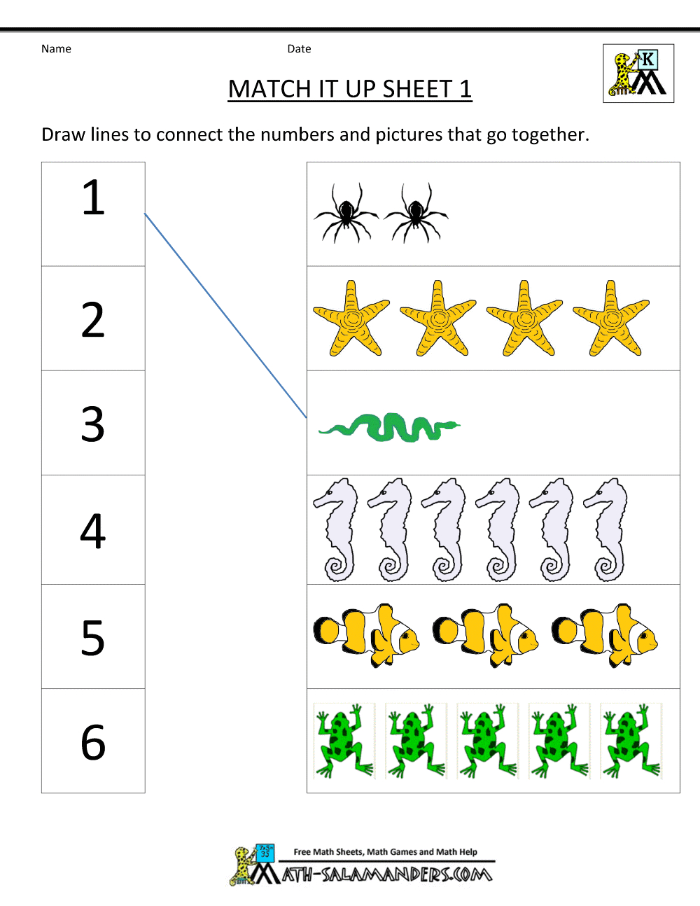 Number Matching Worksheets 1-10 regarding Kindergarten Math Worksheets Printable