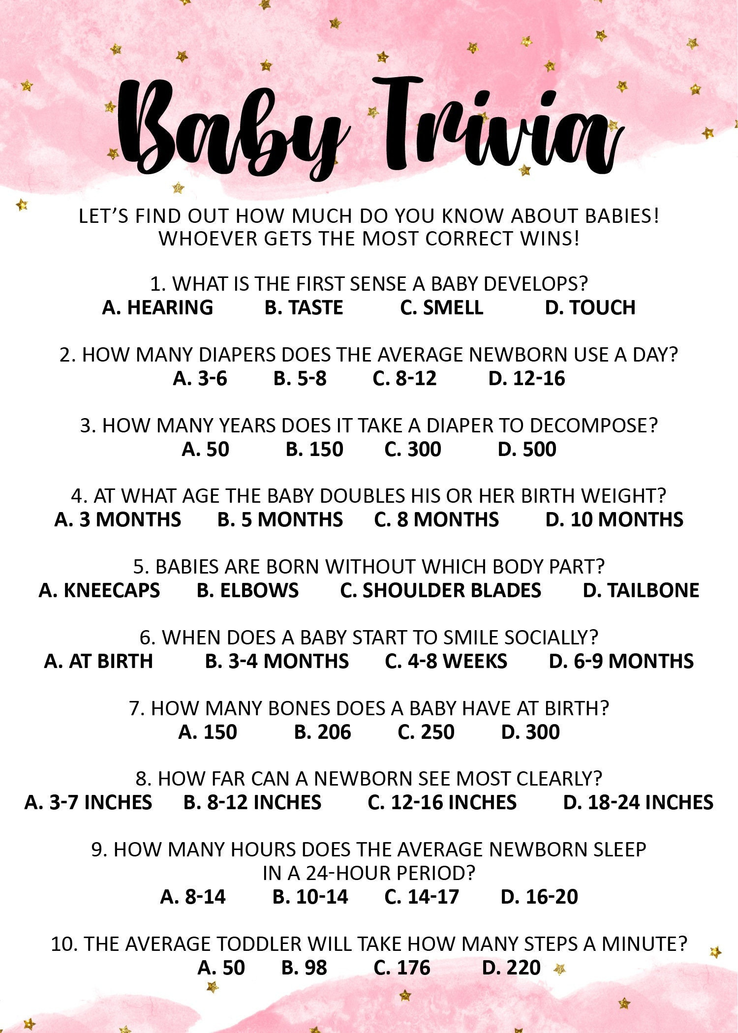 Pink Baby Shower Trivia Game: Printable Girl Shower Activity (Pdf in Baby Shower Trivia Game Printable