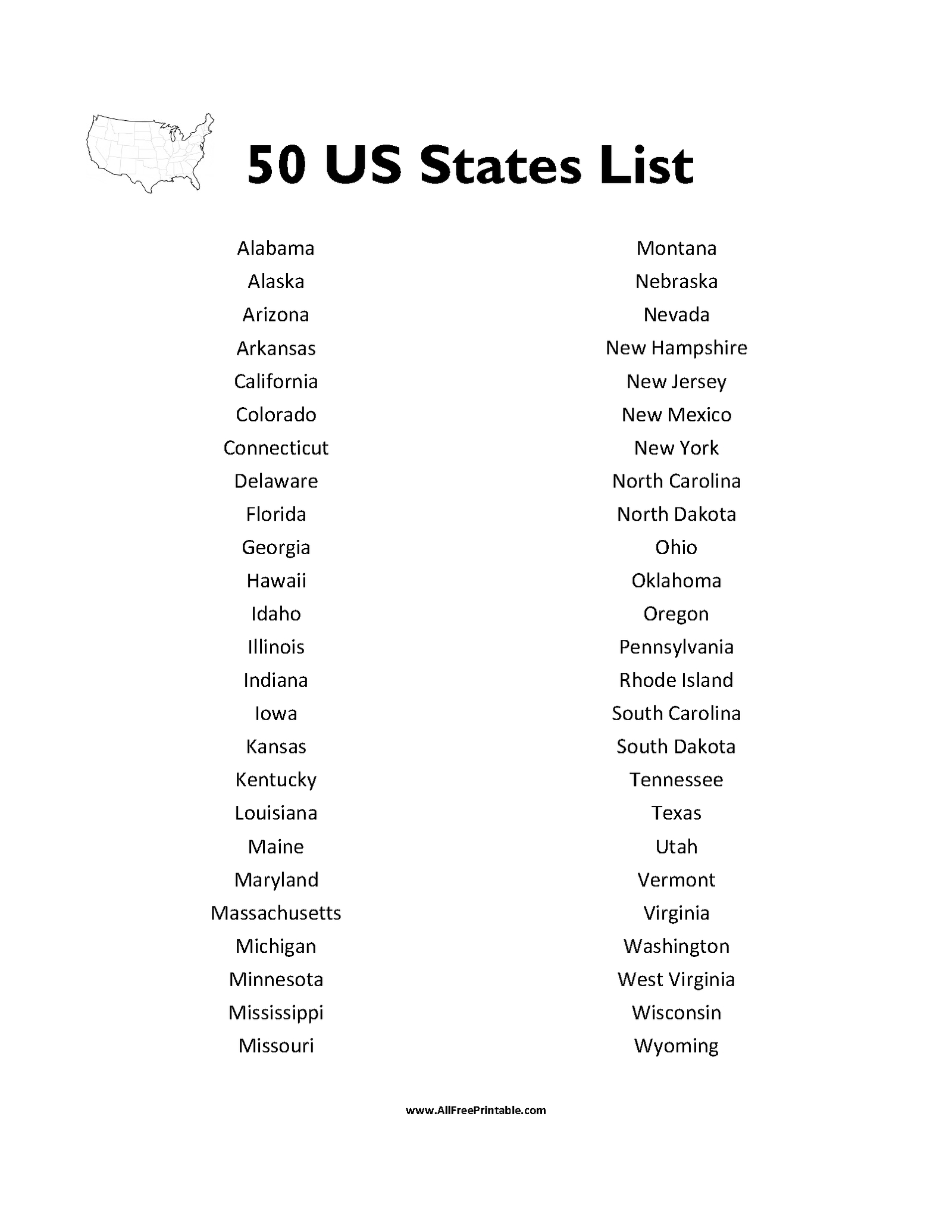 Print 50 States List – Free Printable in List of 50 Us States Printable
