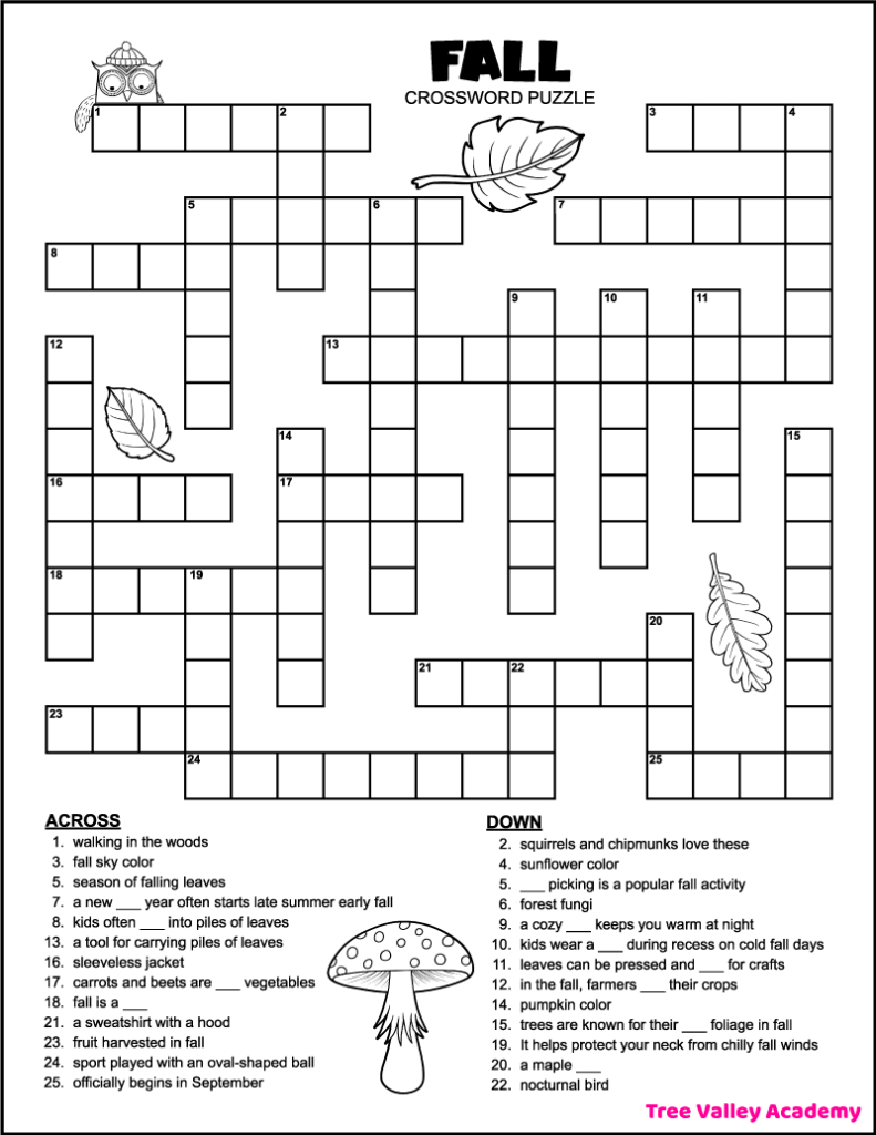 Printable 4Th Grade Fall Crossword Puzzle - Tree Valley Academy for Crossword Puzzles with Word Bank Printable