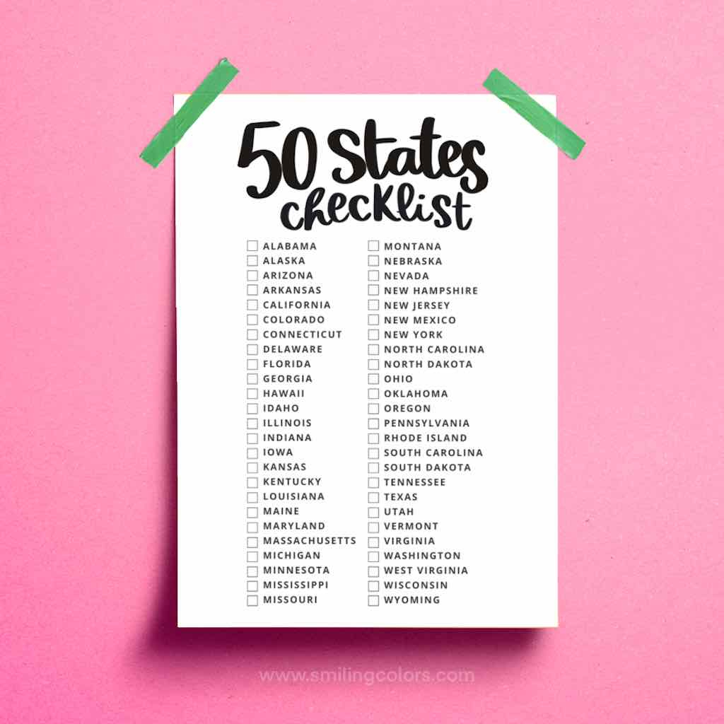 Printable 50 States Checklist - Smiling Colors in Printable List of 50 States