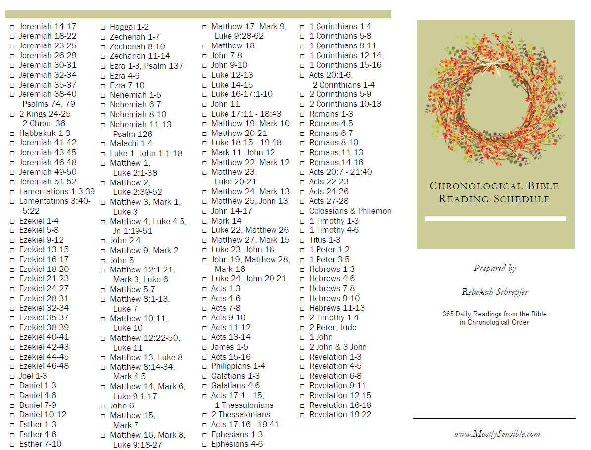 Printable Chronological Bible Reading - Mostlysensible for Printable Chronological Order Of The Bible Chart