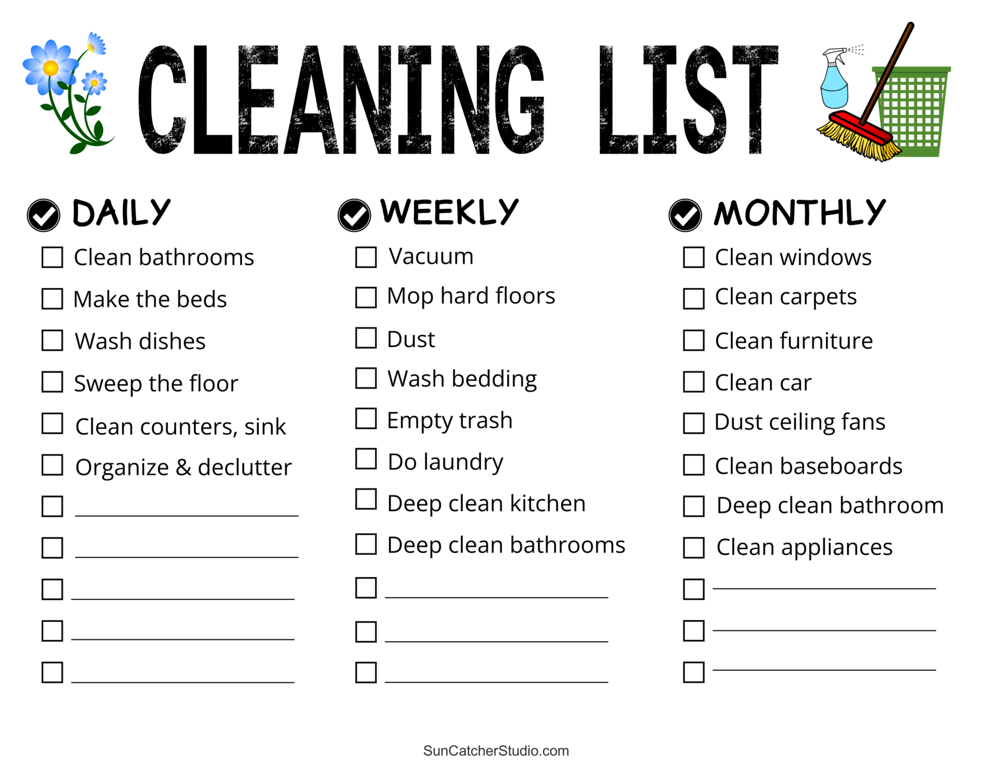 Printable Cleaning Schedule (Spring, Daily, &amp;amp; Weekly Checklists inside Daily Weekly Monthly Cleaning Checklist Printable Free