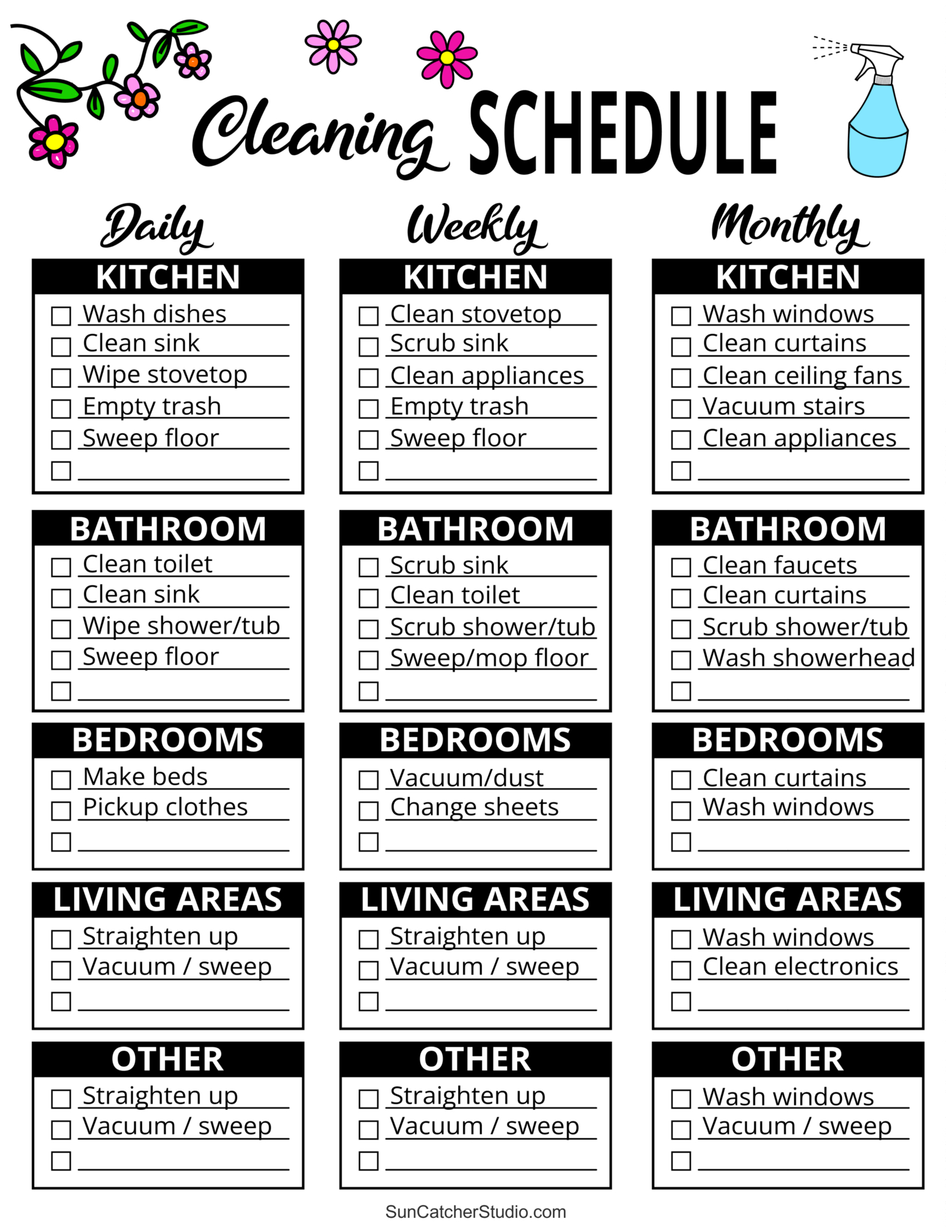 Printable Cleaning Schedule (Spring, Daily, &amp;amp; Weekly Checklists inside Daily Weekly Monthly Cleaning Checklist Printable Free