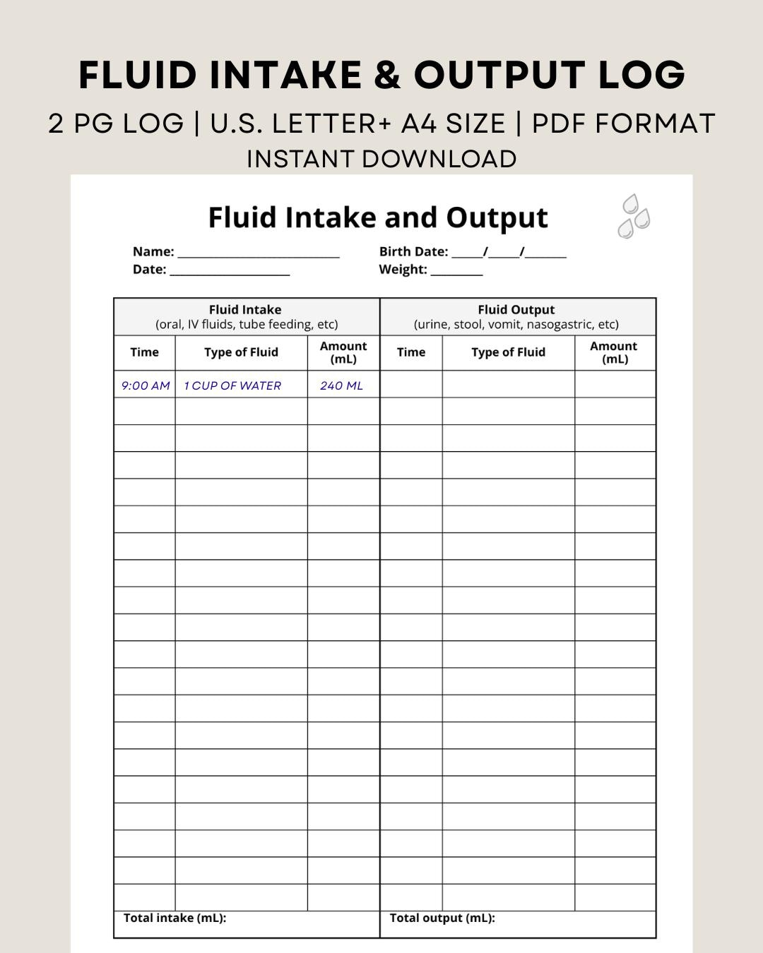 Printable Fluid Intake And Output Log, Intake And Output Record for Intake and Output Chart Printable