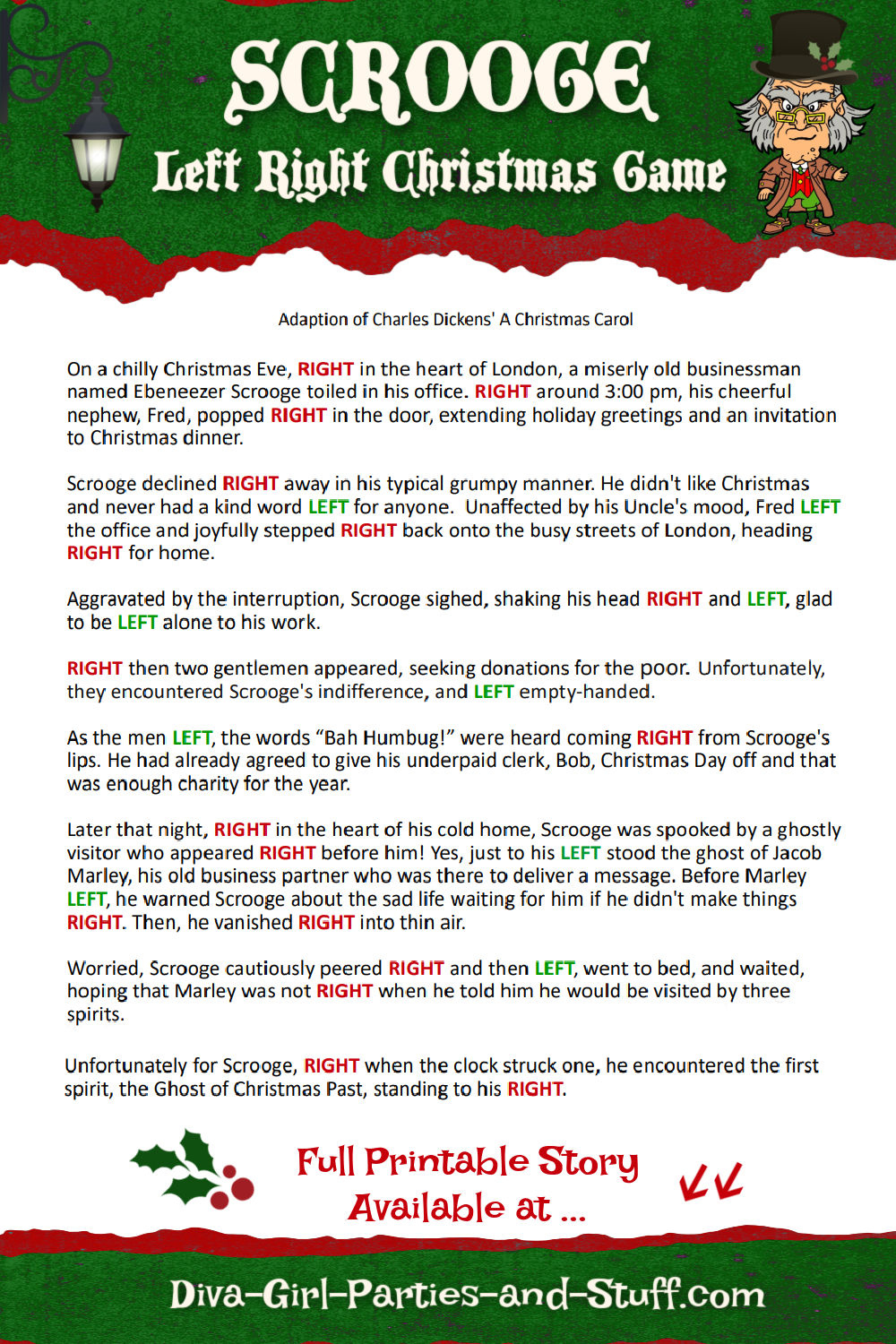 Printable Left Right Christmas Game Story Of Scrooge pertaining to Left Right Game Christmas Printable