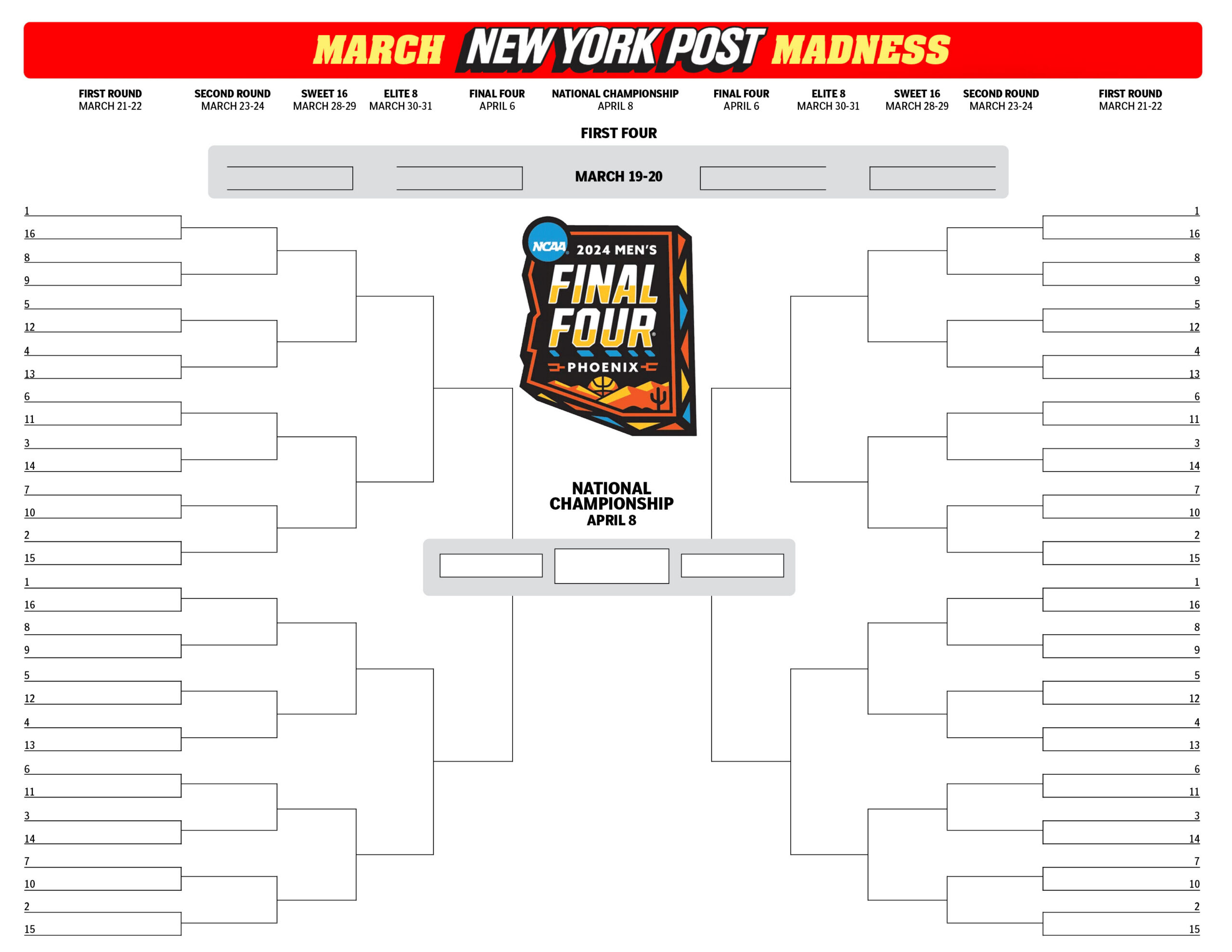 Printable Ncaa Bracket: Full 2024 March Madness Field | New York Post with regard to March Madness Printable Bracket Blank