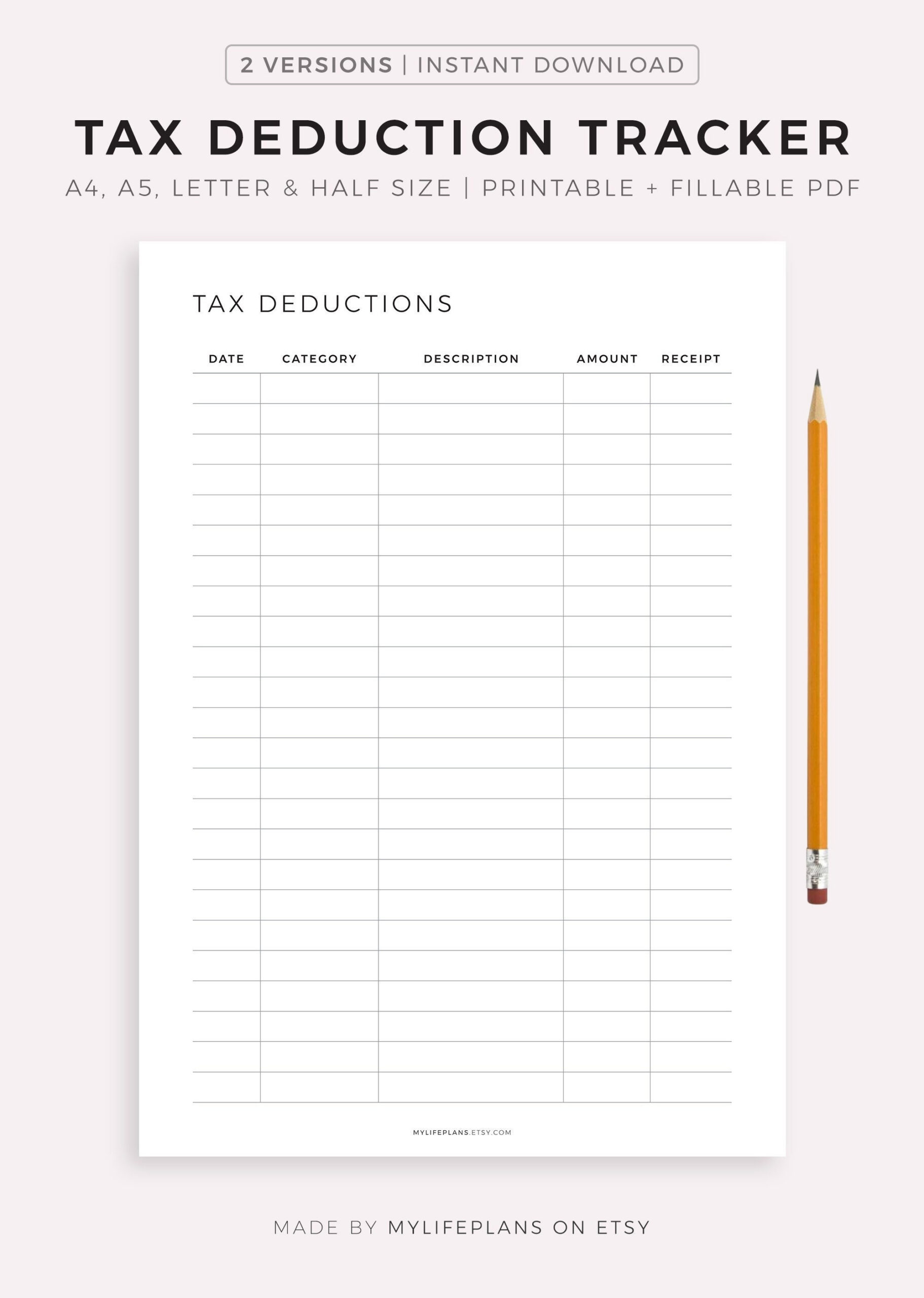 Printable Tax Deduction Tracker, Business Tax Log, Purchase with regard to Free Printable Tax Deduction Worksheet