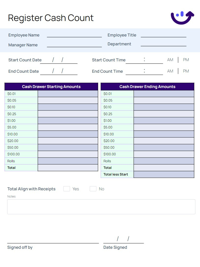 Register Cash Count Sheet | Xenia Templates intended for Blank Free Printable Cash Drawer Count Sheet