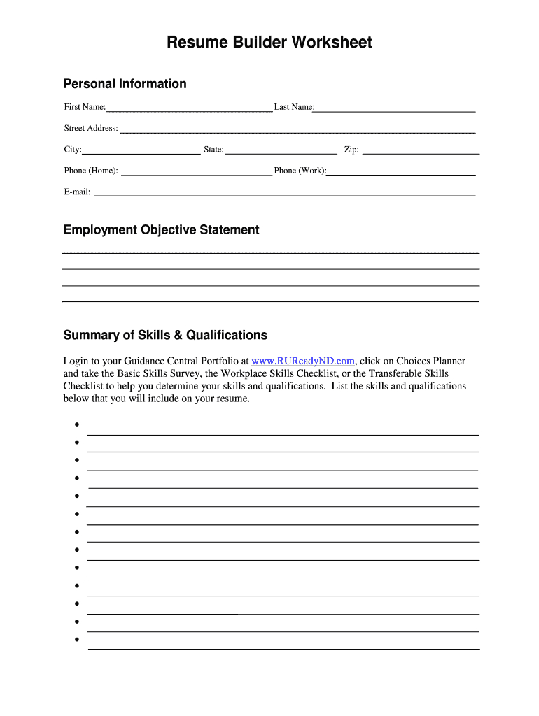 Resume Worksheet - Fill Online, Printable, Fillable, Blank | Pdffiller pertaining to Fill in Blank Printable Resume Worksheet