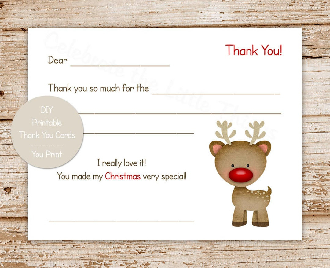 Rudolph Christmas Thank You Cards For Kids (Printable Pdf) - Etsy inside Christmas Thank You Card Printable