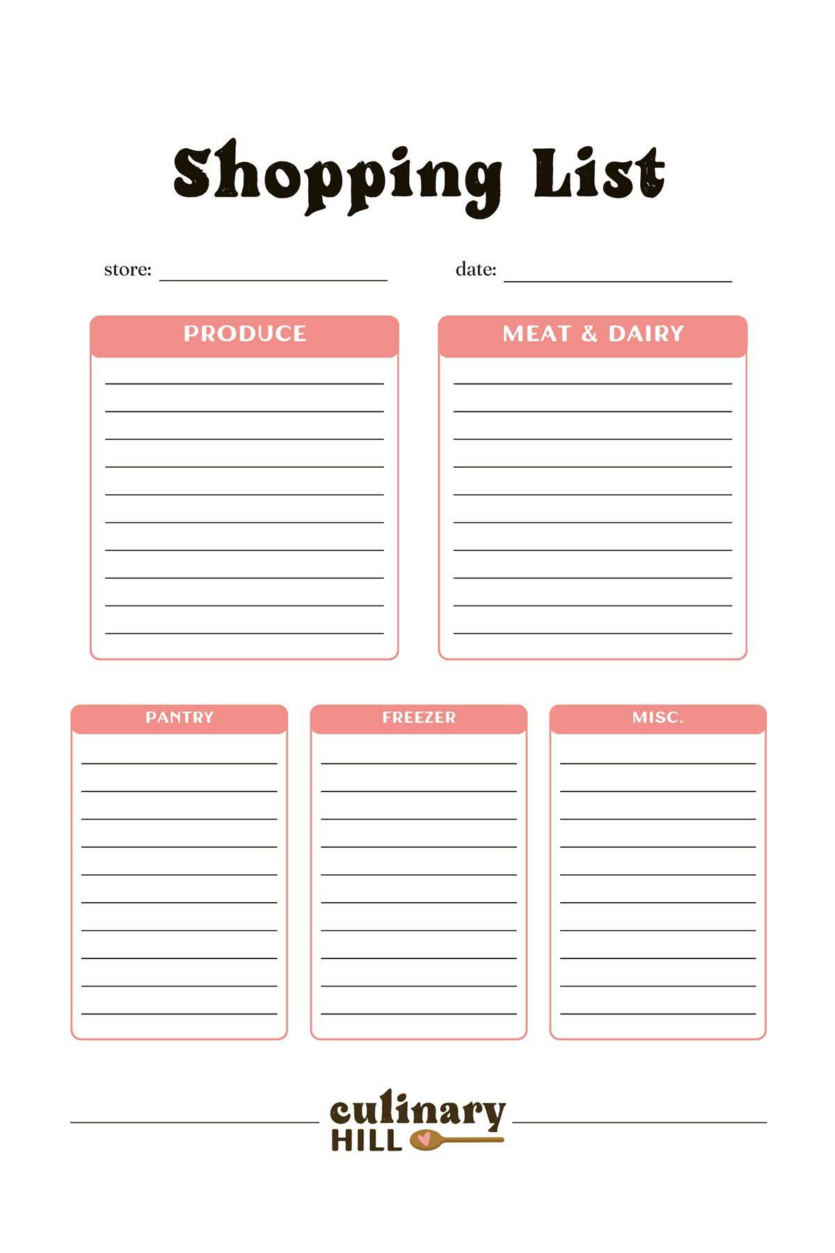 Shopping List Template - Culinary Hill throughout Printable Shopping List For Groceries