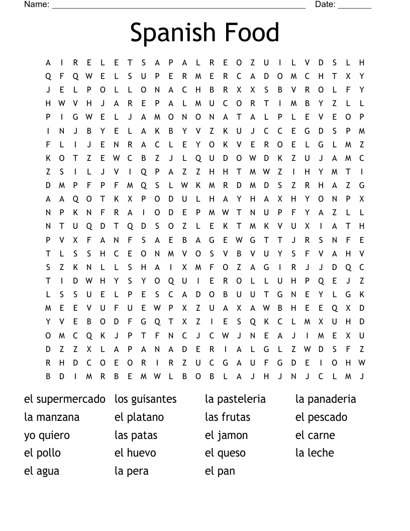 Spanish Food Word Search - Wordmint in Spanish Word Search Puzzles Printable