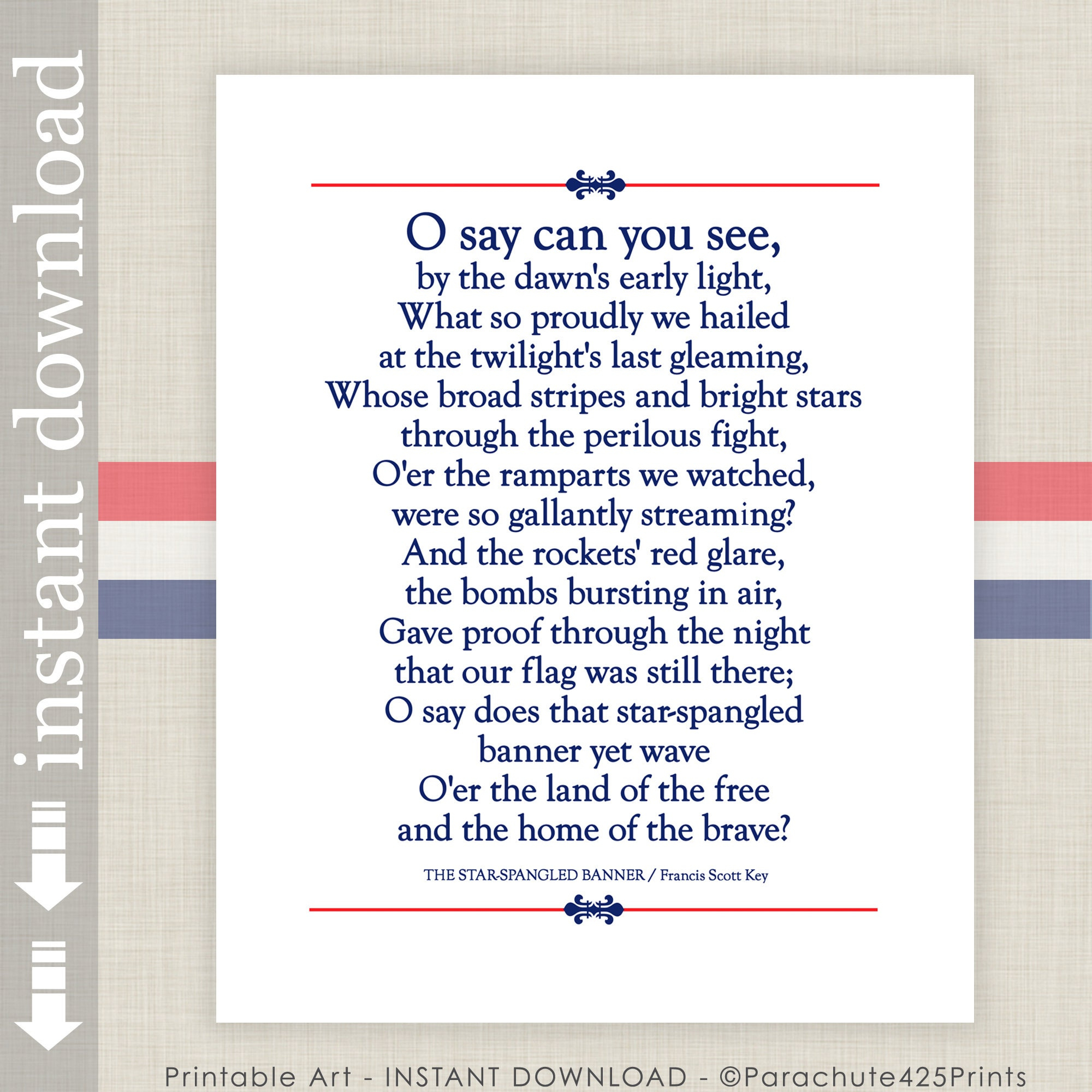 Star Spangled Banner Printable Lyrics - Etsy in Star Spangled Banner Words Printable