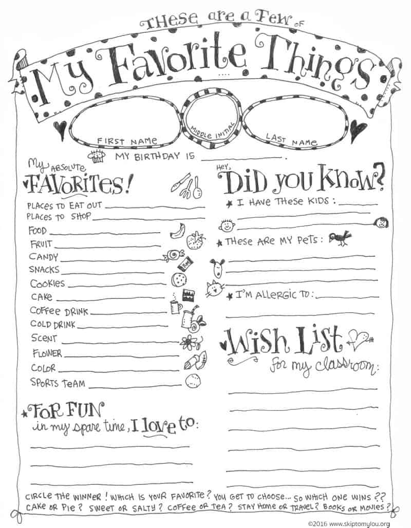 Teacher Favorite Things Questionnaire Printable | Skip To My Lou inside Free Printable Employee Favorite Things List