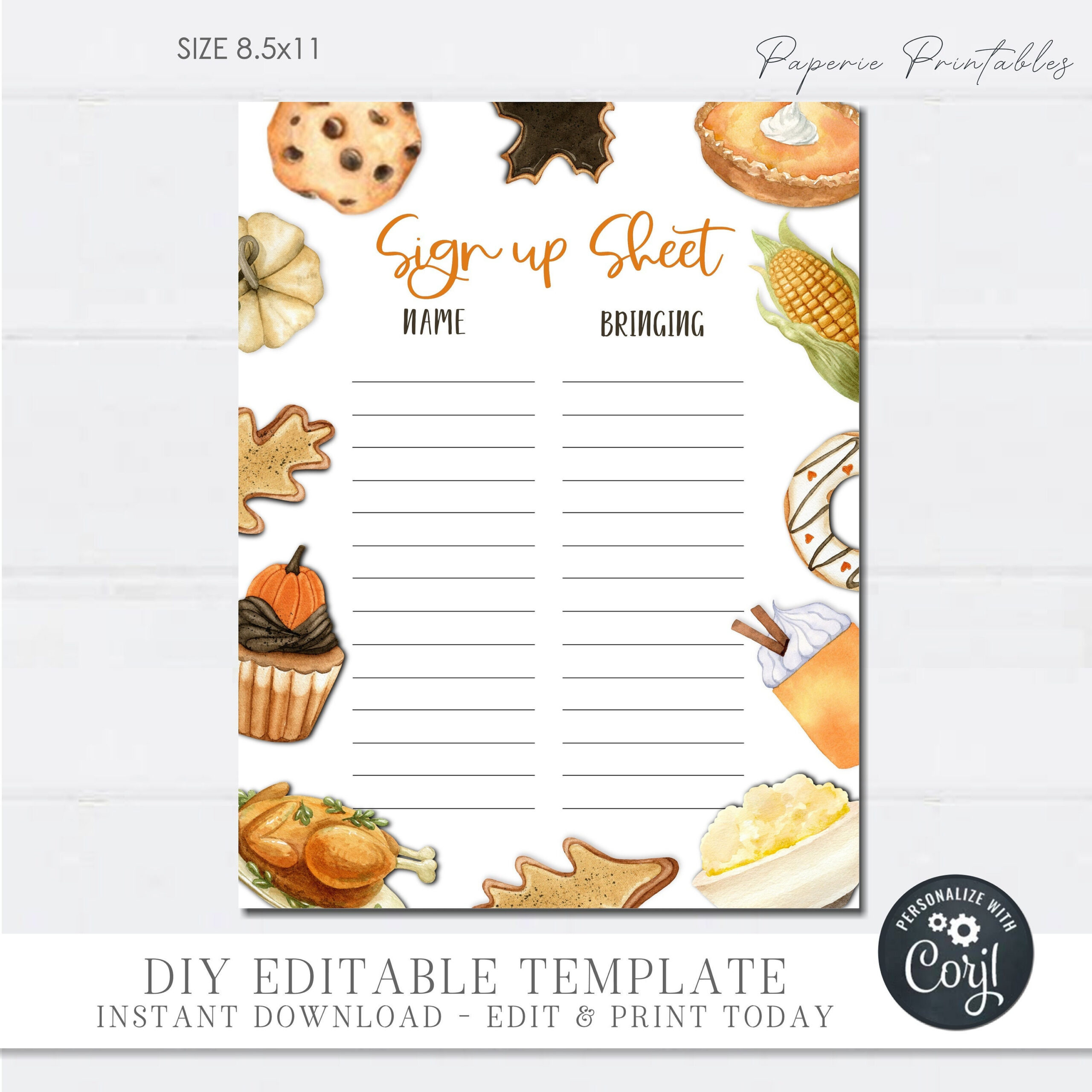 Thanksgiving Potluck Sign Up Sheet: Editable Diy Form (Digital with Thanksgiving Potluck Sign Up Sheet Free Printable