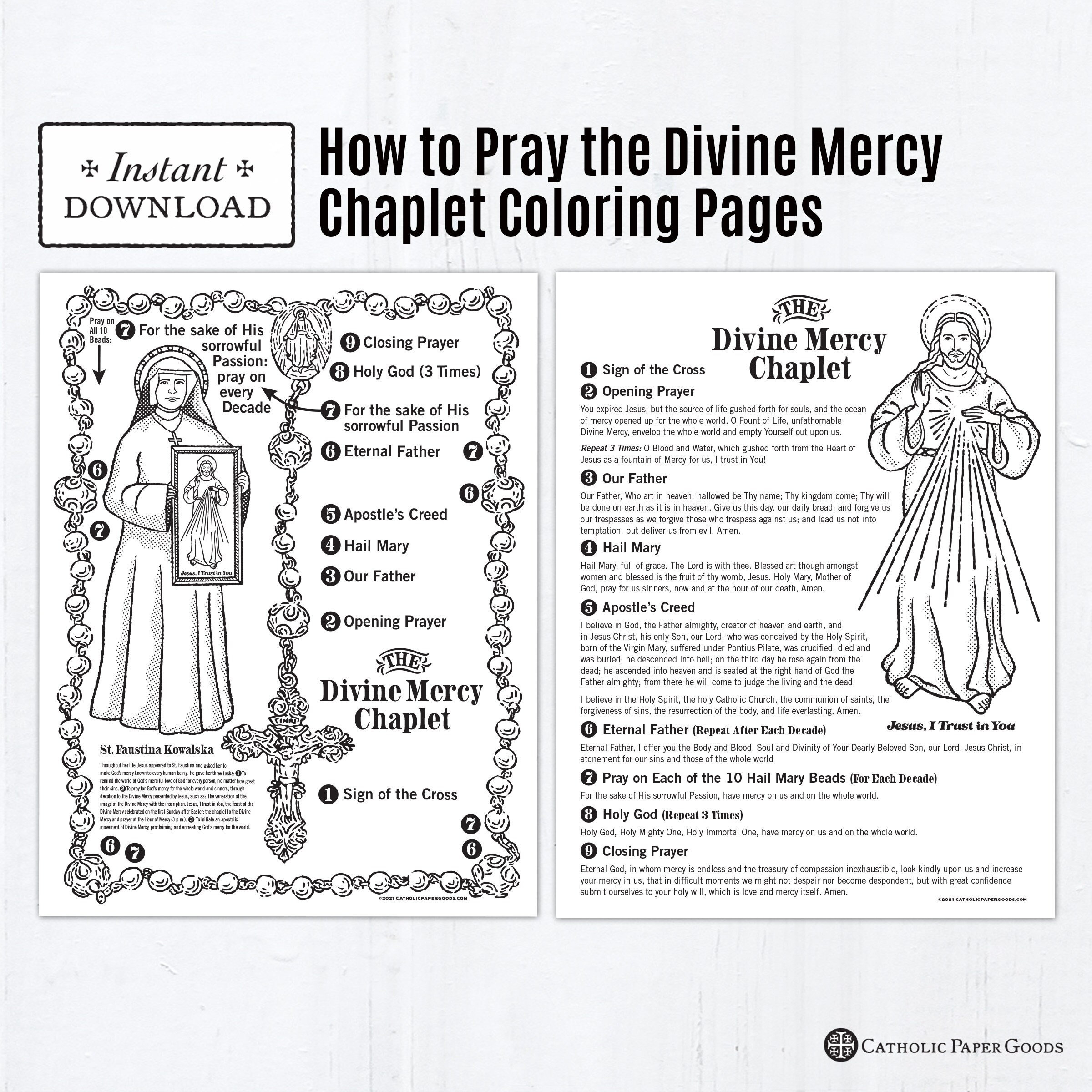 The Divine Mercy Chaplet Catholic Coloring Pages, Catholic Prayers, 2 Printable Coloring Pages, Digital Pdf with Free Printable Divine Mercy Chaplet