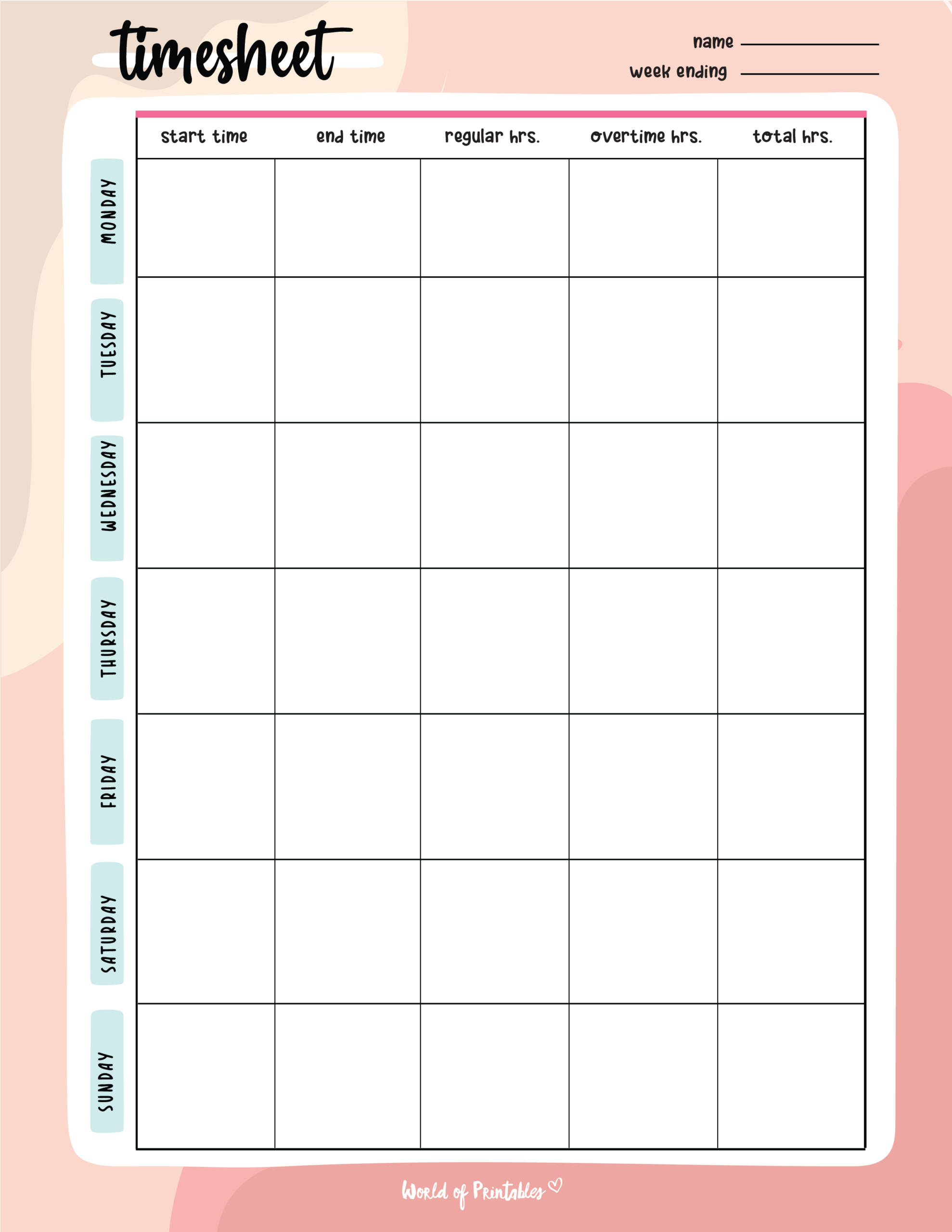 Timesheet Templates - World Of Printables inside Free Printable Weekly Time Sheets