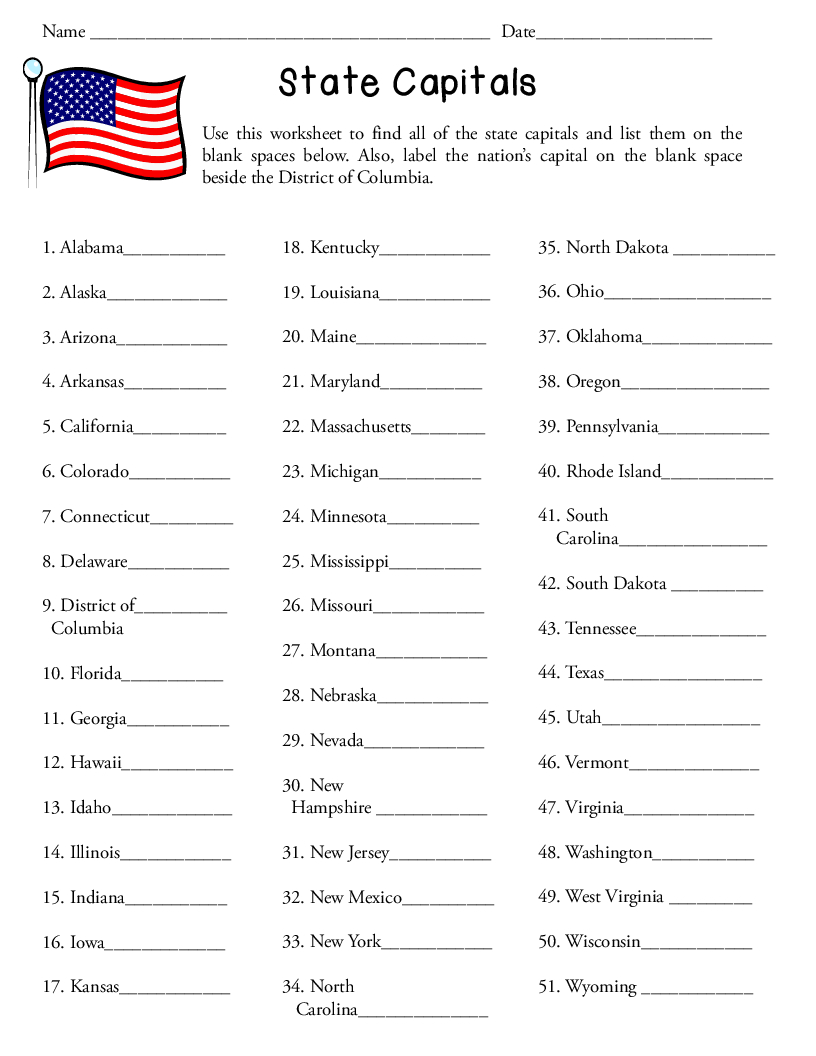 Us States And Capitals Worksheet Worksheets For All | Worksheets pertaining to United States Capitals Quiz Printable