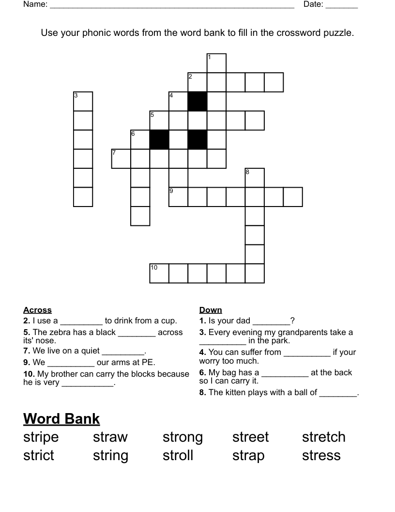 Use Your Phonic Words From The Word Bank To Fill In The Crossword throughout Crossword Puzzles With Word Bank Printable