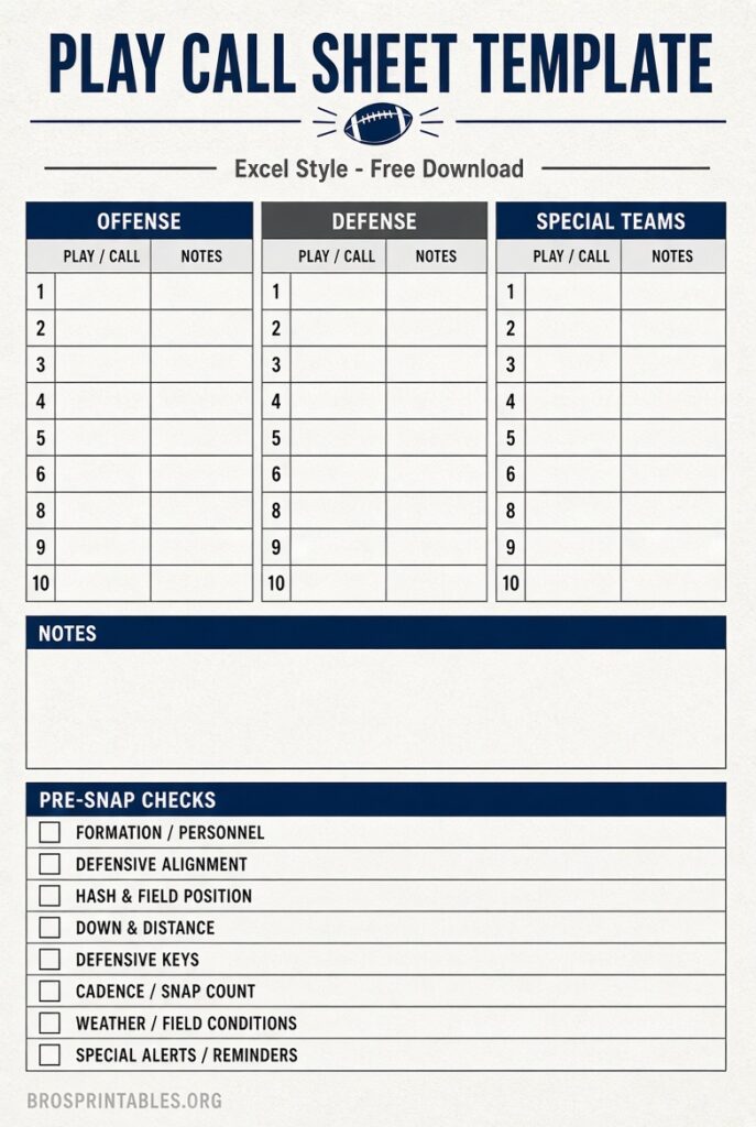 Free Football Play Call Sheet Template Excel (1)
