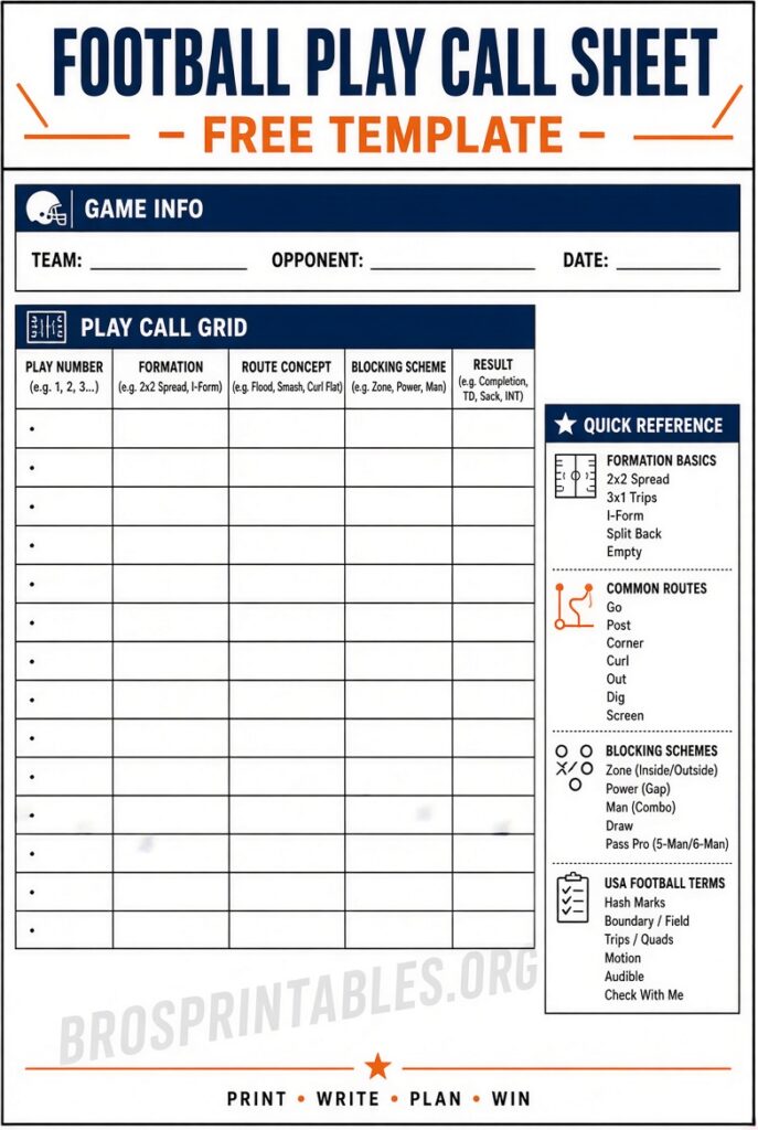 Free Football Play Call Sheet Template Excel (2)