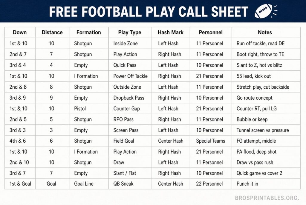 Free Football Play Call Sheet Template Excel (3)