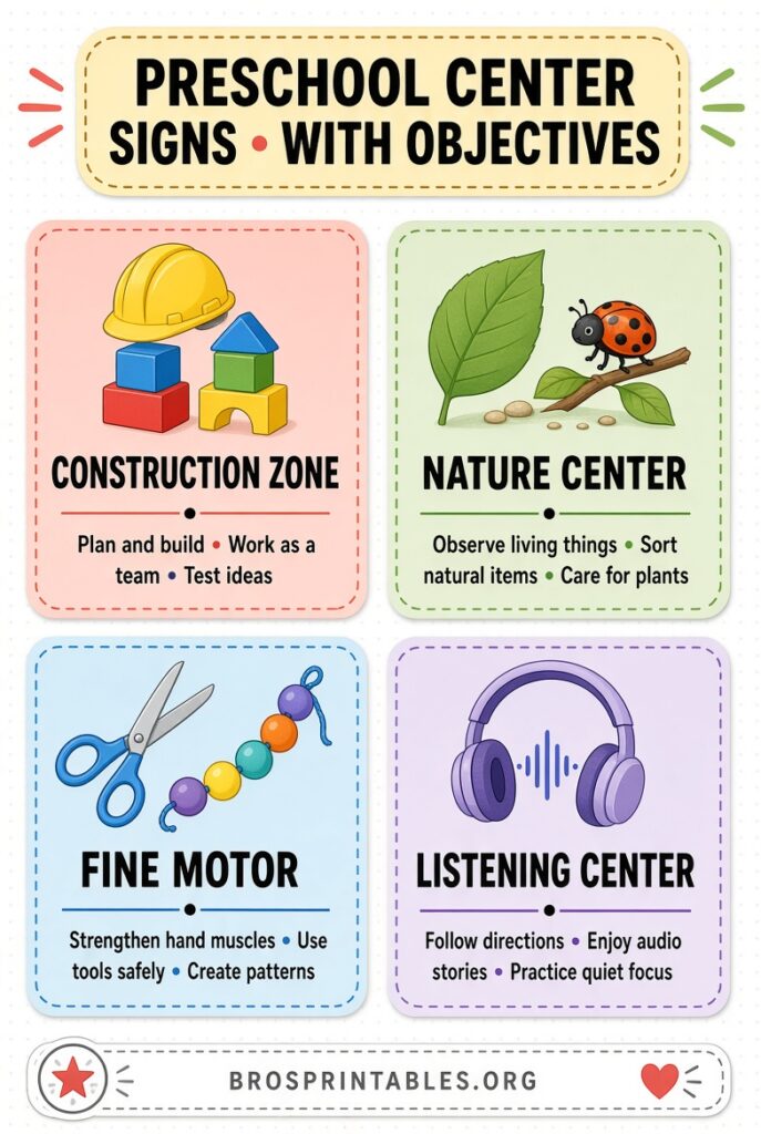 Free Printable Preschool Center Signs With Objectives (1)
